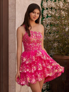 Emma | A Line One Shoulder Navy Tiered Lace Short Homecoming Dress