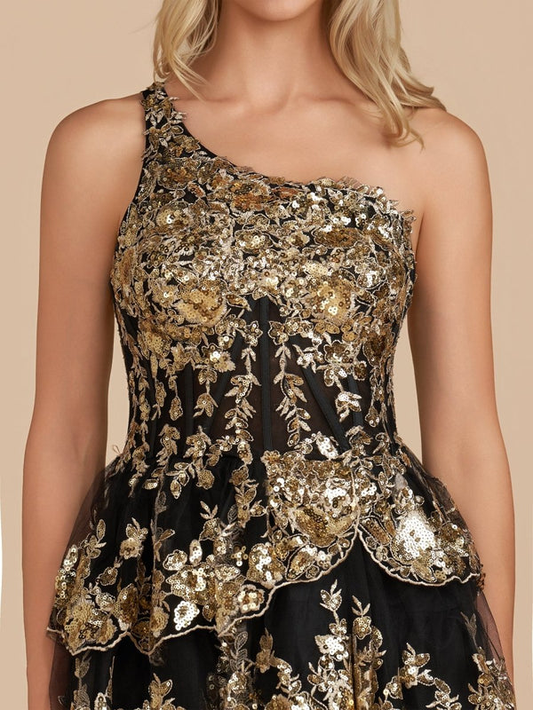 Emma | A Line One Shoulder Navy Tiered Lace Short Homecoming Dress