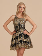 Emma | A Line One Shoulder Navy Tiered Lace Short Homecoming Dress