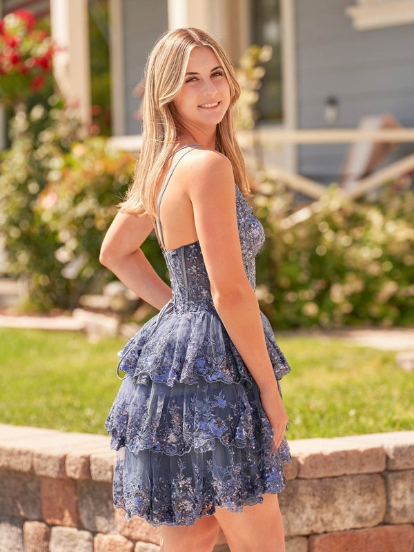 Emma | A Line One Shoulder Navy Tiered Lace Short Homecoming Dress