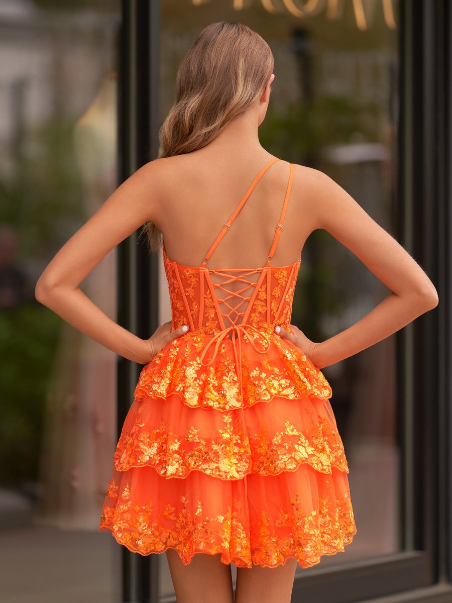 Emma | A Line One Shoulder Navy Tiered Lace Short Homecoming Dress