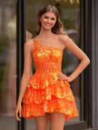 Emma | A Line One Shoulder Navy Tiered Lace Short Homecoming Dress