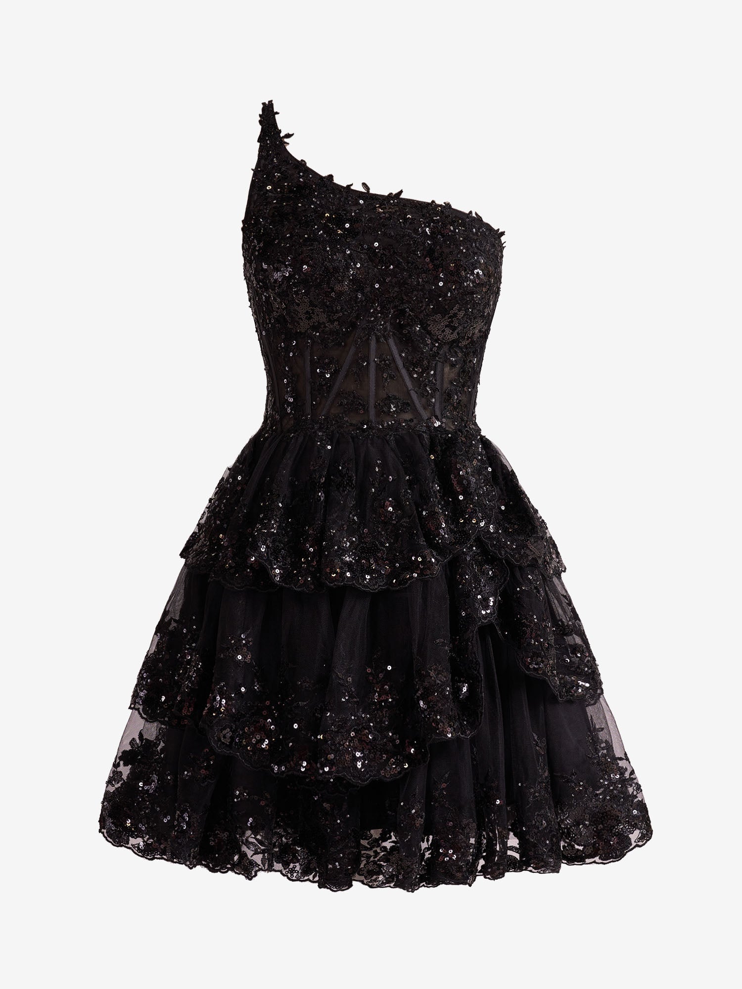 Emma | Black A Line One Shoulder Navy Tiered Lace Short Homecoming Dress
