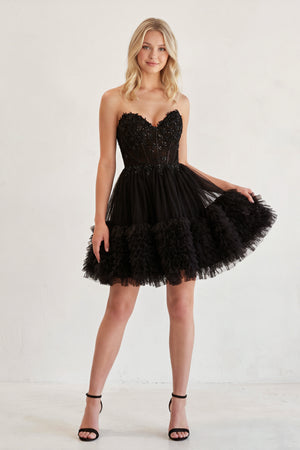 Black - A Line Tulle Sweetheart Ruffles Homecoming Dresses with Beads