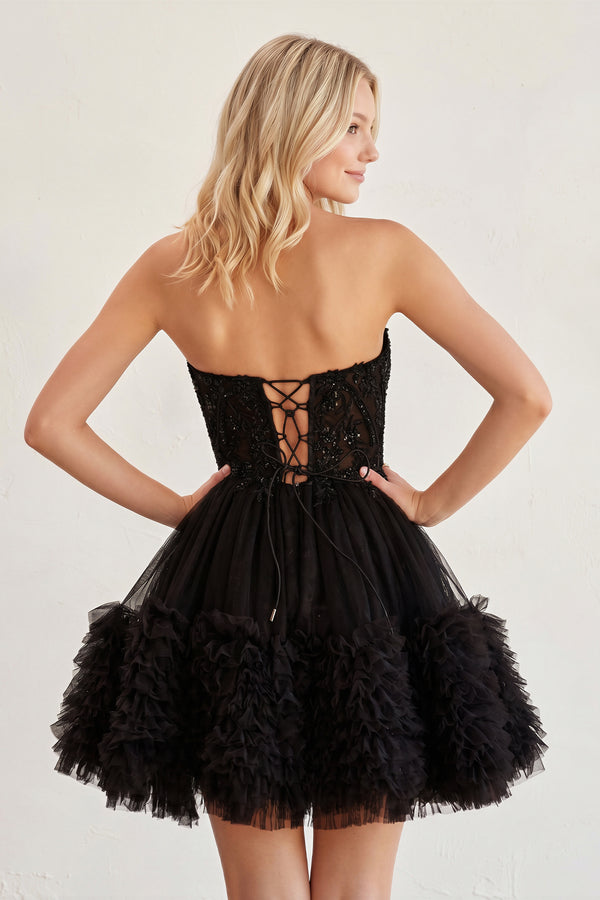 Black - A Line Tulle Sweetheart Ruffles Homecoming Dresses with Beads