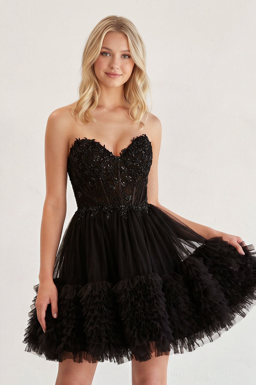 Black - A Line Tulle Sweetheart Ruffles Homecoming Dresses with Beads