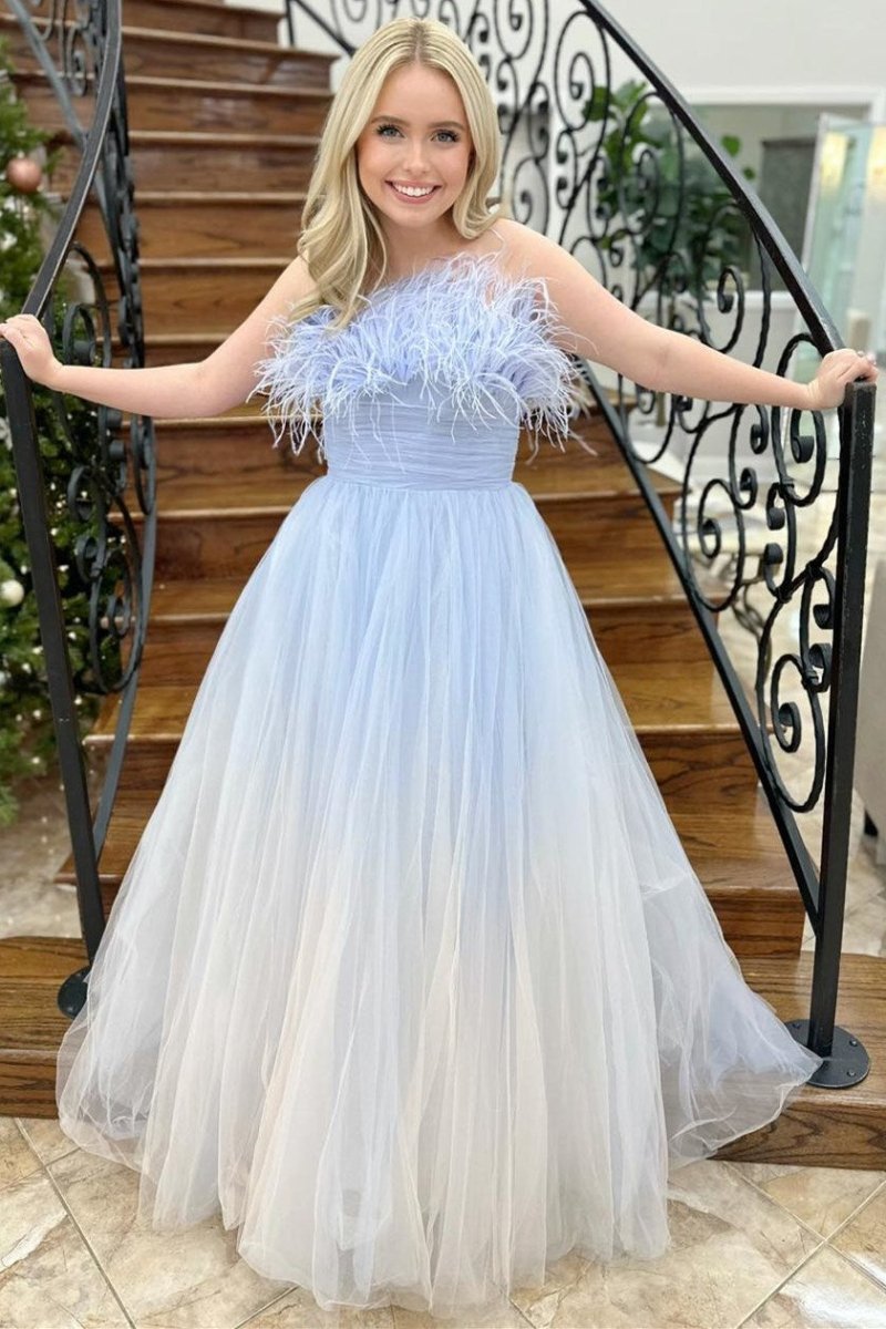 Enid | Blue and White Ombre Feathers Strapless A - Line Long Prom Dress - KissProm