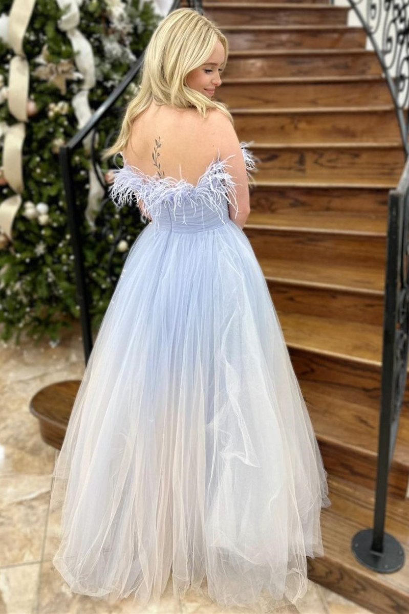 Enid | Blue and White Ombre Feathers Strapless A - Line Long Prom Dress - KissProm