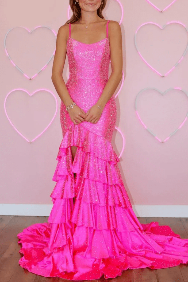 knee length dresses for ladies Mermaid Spaghetti Straps Rhinestone Ruffles Long Prom Dress with Slit Pink / 10