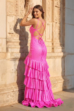 Mermaid Spaghetti Straps Rhinestone Ruffles Long Prom Dress with Slit - KissProm