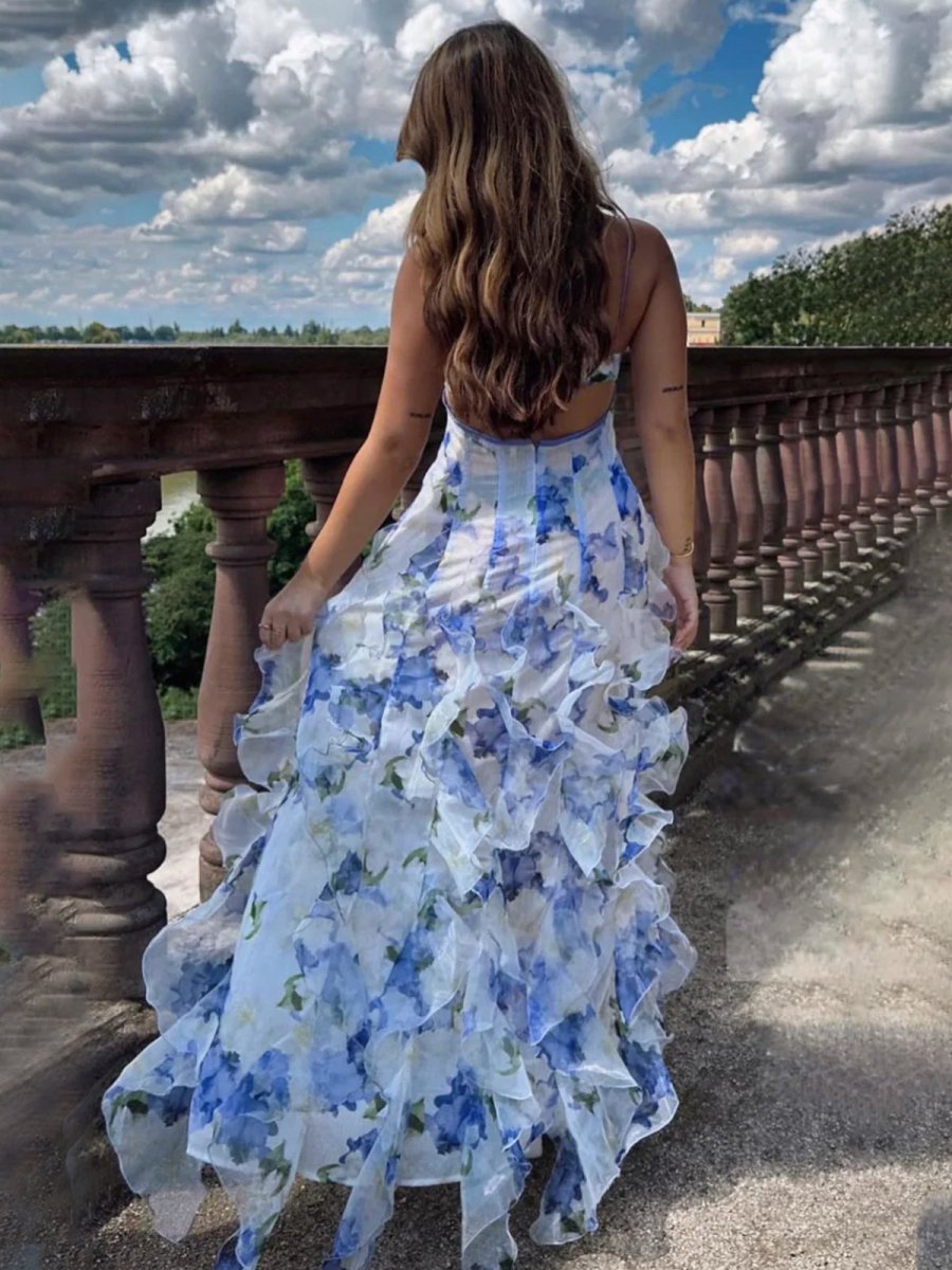Blue A-Line Chiffon Spaghetti Strap Prom Dresses, Blue / 14 Blue A-Line Chiffon Spaghetti Strap Prom Dresses, Blue / 14
