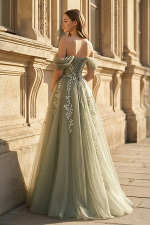 Gray Green Off The Shoulder Tulle Prom Dress With Appliques - KissProm