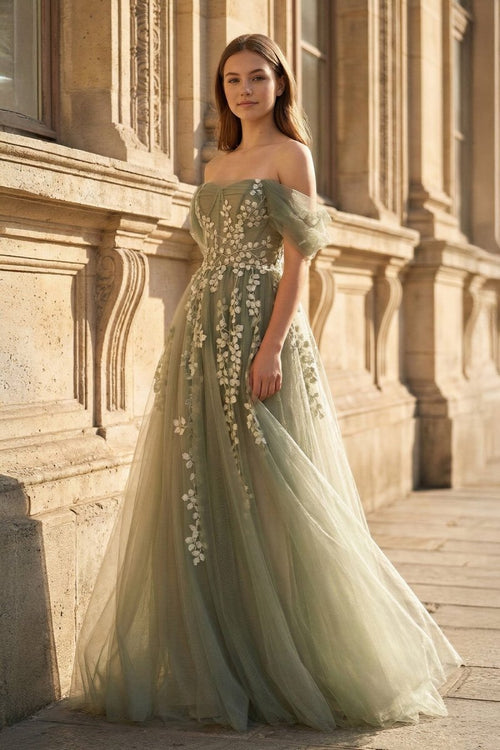 Gray Green Off The Shoulder Tulle Prom Dress With Appliques - KissProm
