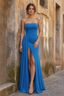 Mermaid Strapless Satin Long Prom Dresses With Split