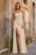 Champagne-Mermaid Strapless Satin Long Prom Dresses With Split - KissProm