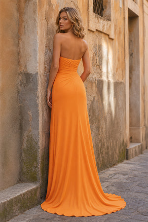 Orange-Mermaid Strapless Satin Long Prom Dresses With Split - KissProm