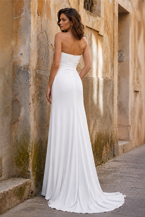 White-Mermaid Strapless Satin Long Prom Dresses With Split - KissProm