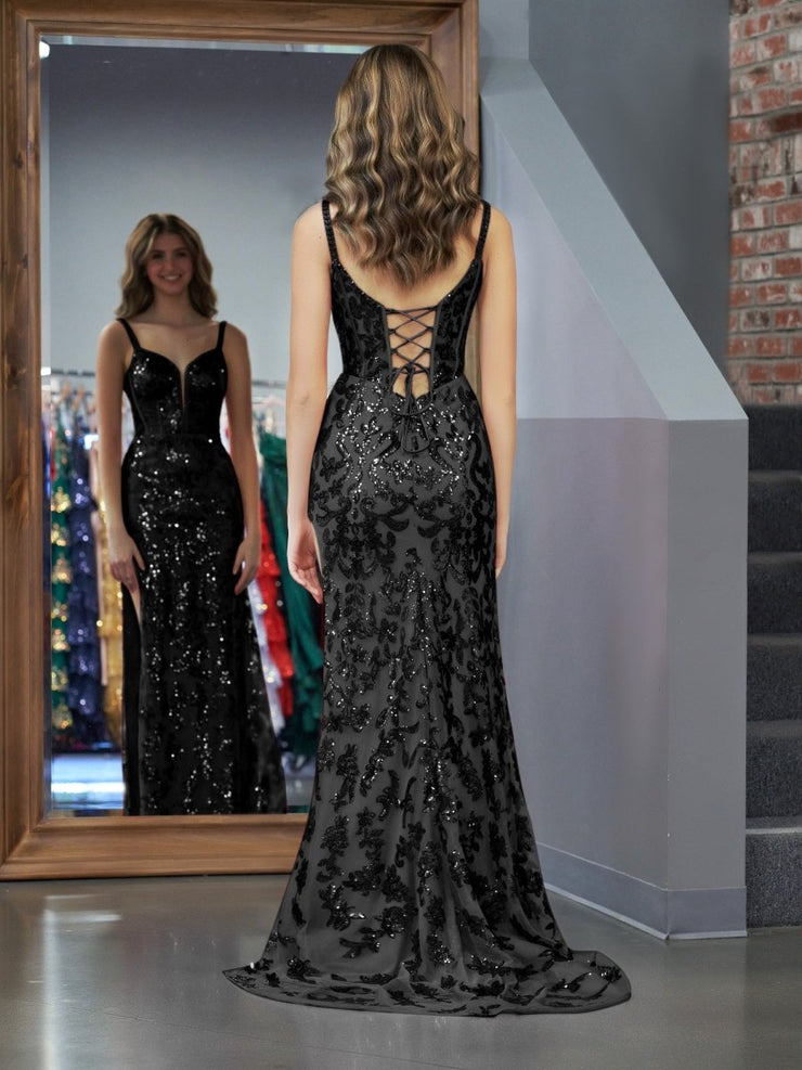 Sparkly Light Blue Lace-Up Back Sequins Prom Dresses with Slit,DP0267 main image 1
