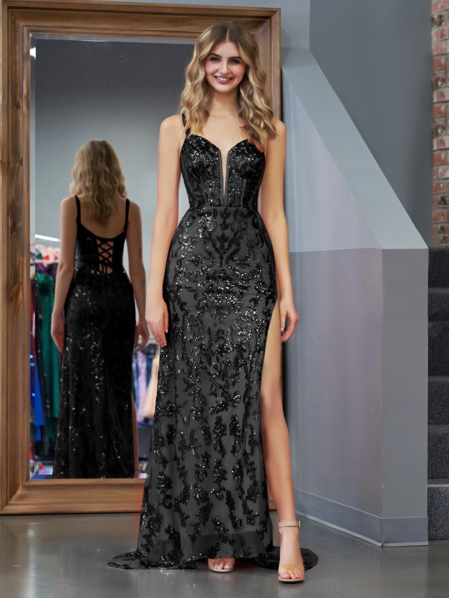 Sparkly Black Mermaid Sequins Long Prom Dress with Slit