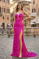 Sparkly Fuchsia Mermaid Sequins Long Prom Dress with Slit - KissProm