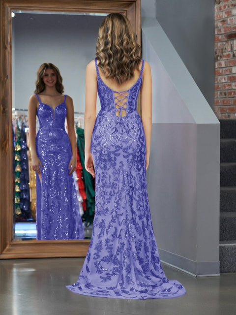 Ruffles Sleeves Sheath Column Gray Blue Prom Dress With Slit main image 1