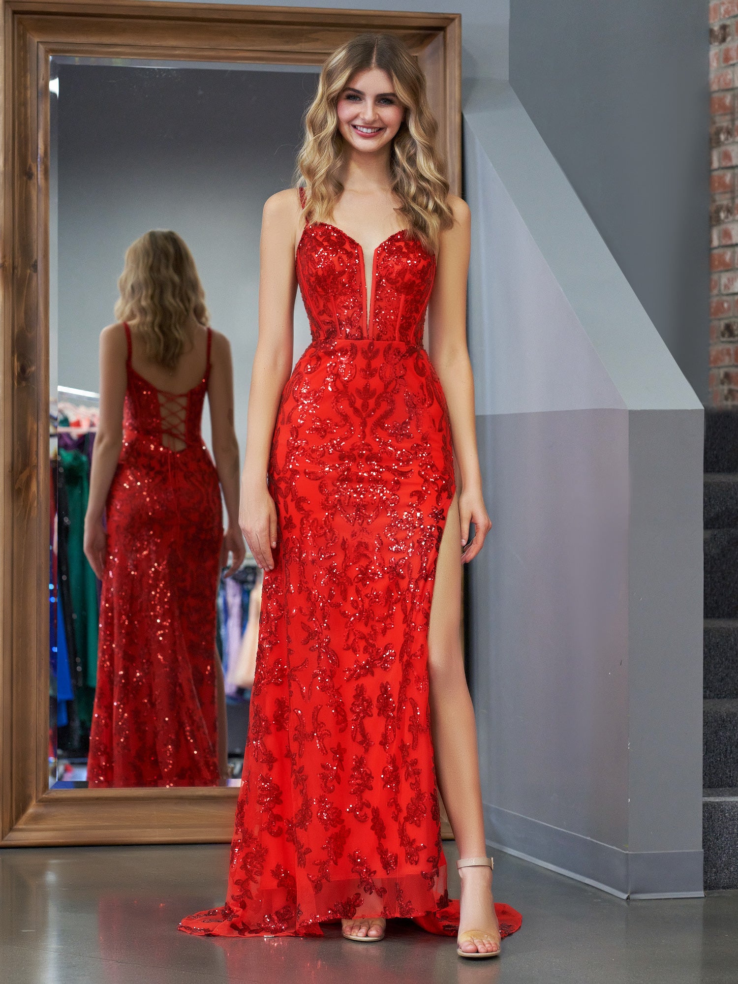 Erryn | Red Sheath Sequins Long Prom Dress with Slit