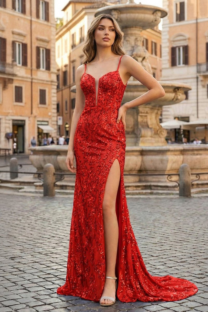 kissprom dresses Silver Spaghetti Straps Mermaid Appliqued Prom Dress With Split, Golden / 8