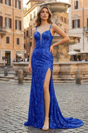 Sparkly Royal Blue Sheath Sequins Long Prom Dress with Slit - KissProm