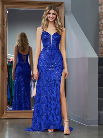 Sparkly Blue Sequins Sheath Evening Party Dress With High Slit Long Prom Dress