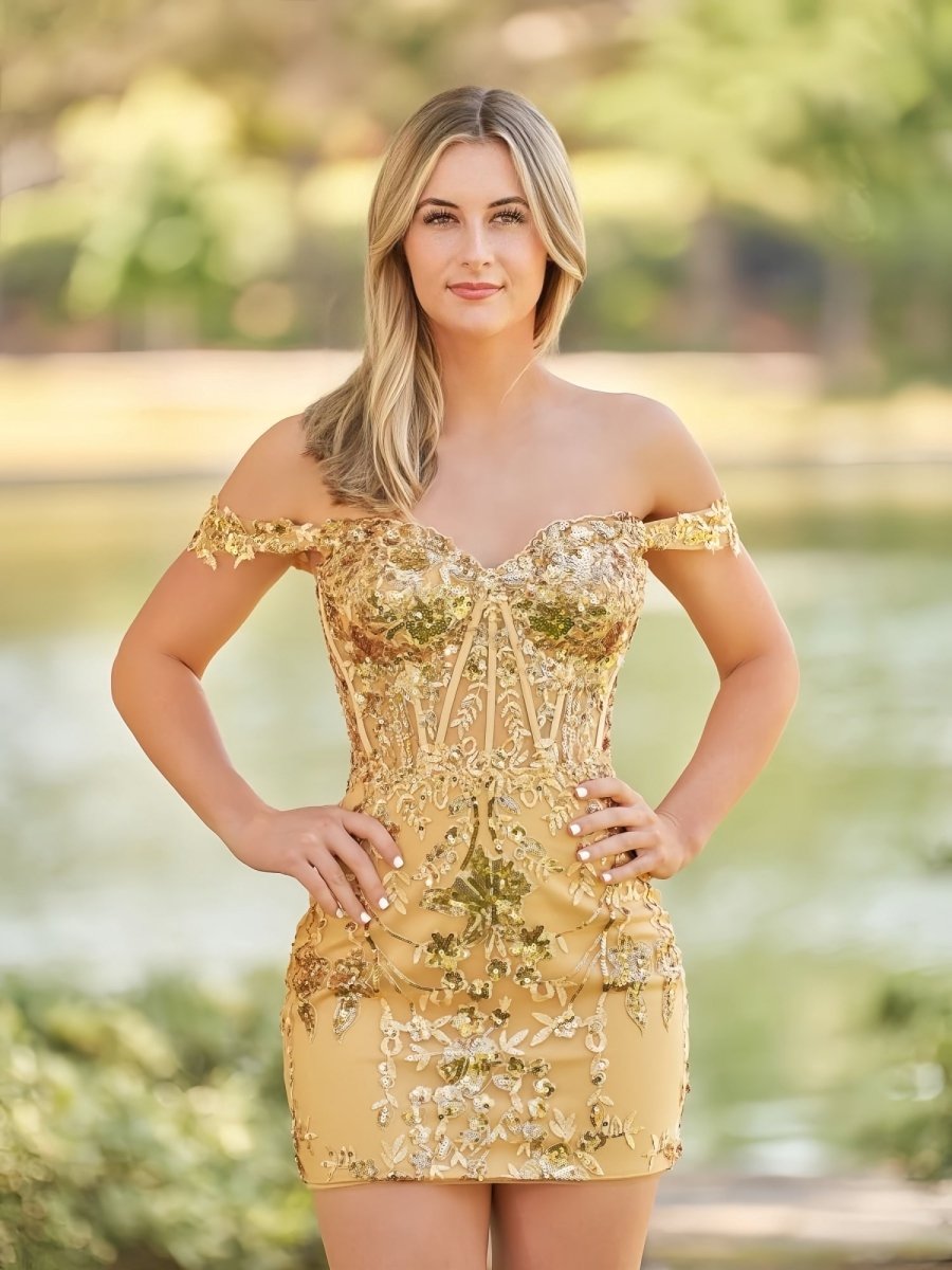 Erykah Short Off the Shoulder Sheath Gold Kace Corset Homecoming Dresses | KissProm Gold / 6 Erykah Short Off the Shoulder Sheath Gold Kace Corset Homecoming Dresses | KissProm Gold / 6