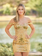 Erykah | Short Off the Shoulder Sheath Gold Kace Corset Homecoming Dresses