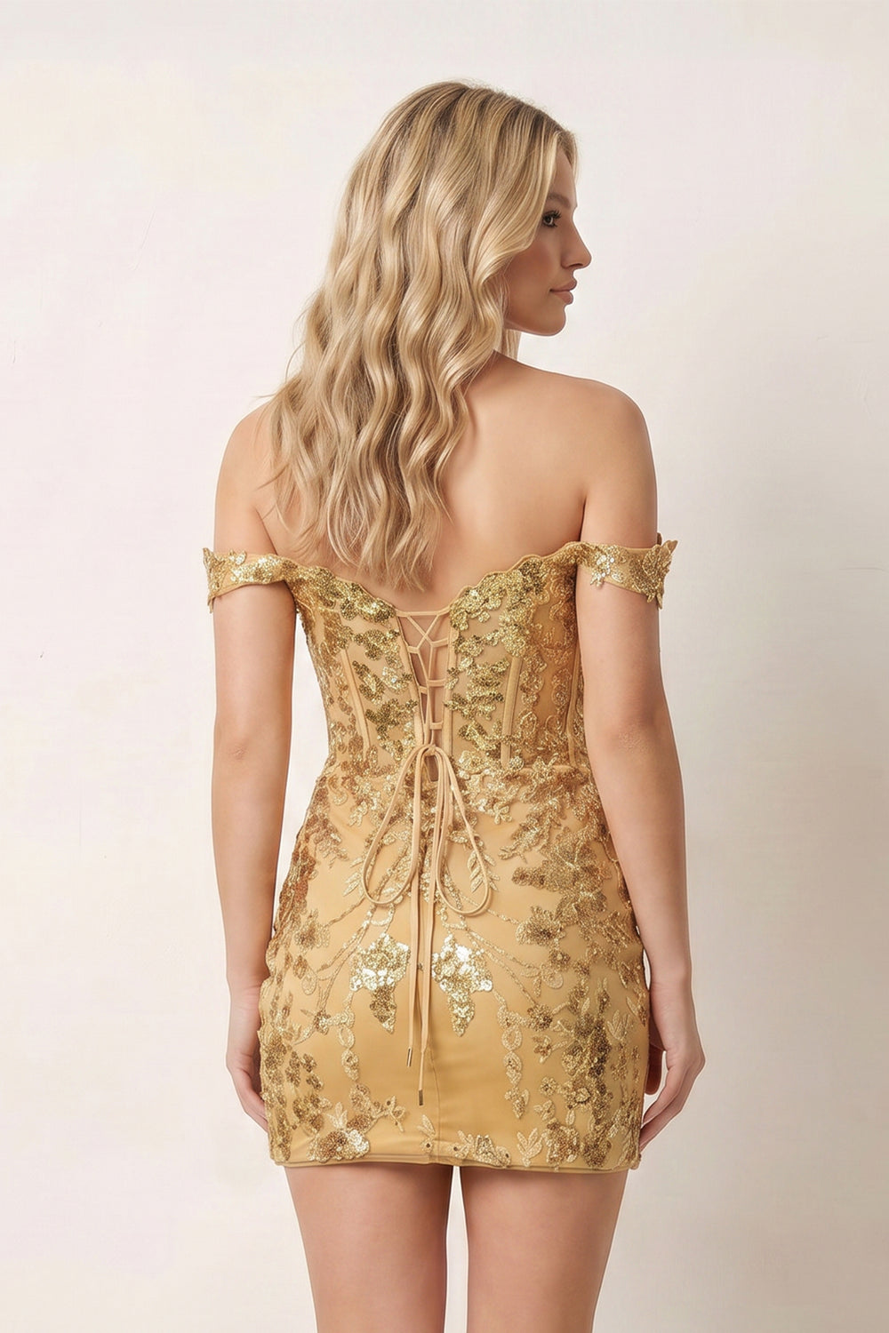 Erykah | Short Off the Shoulder Sheath Gold Kace Corset Homecoming Dresses
