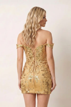 Erykah | Short Off the Shoulder Sheath Gold Kace Corset Homecoming Dresses
