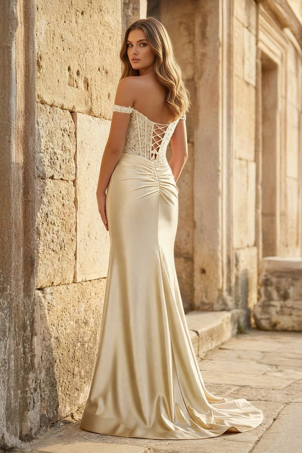 Mermaid Off The Shoulder Pink Satin Long Prom Dresses With Split - KissProm