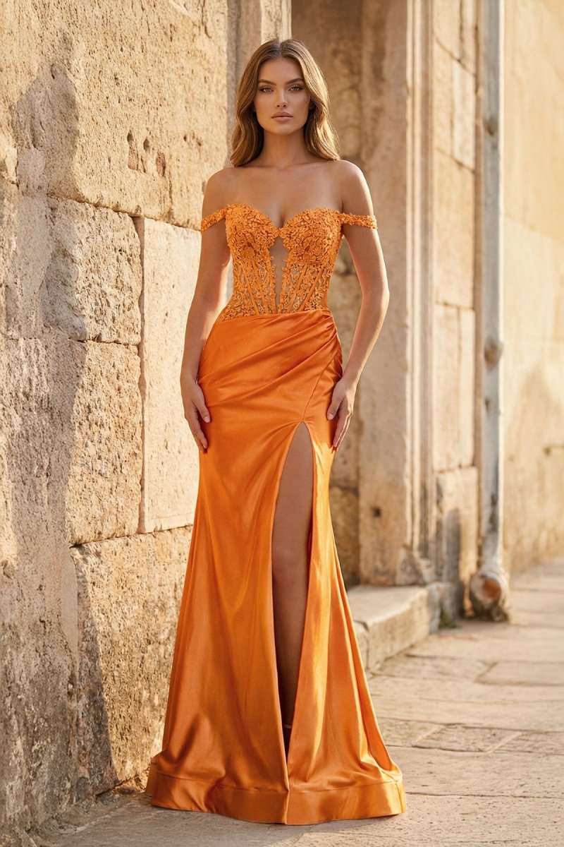KissProm Mermaid Off The Shoulder Pink Satin Long Prom Dresses With Split, Orange / 6