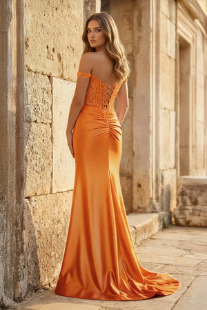 Mermaid Off The Shoulder Pink Satin Long Prom Dresses With Split - KissProm