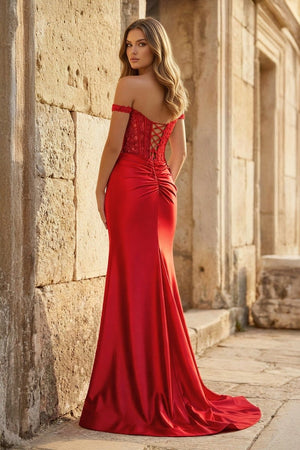 Mermaid Off The Shoulder Pink Satin Long Prom Dresses With Split - KissProm