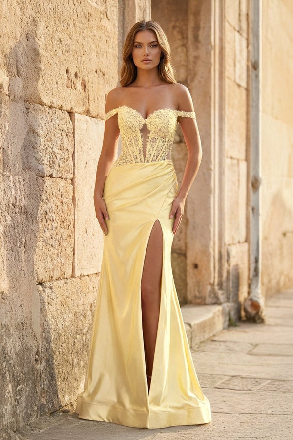 Mermaid Off The Shoulder Pink Satin Long Prom Dresses With Split - KissProm