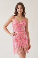 Hot Pink Sheath V Neck Sequined Tassels Homecoming Dresses-KissProm