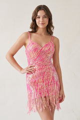 Hot Pink Sheath V Neck Sequined Tassels Homecoming Dresses-KissProm