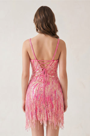 Hot Pink Sheath V Neck Sequined Tassels Homecoming Dresses-KissProm