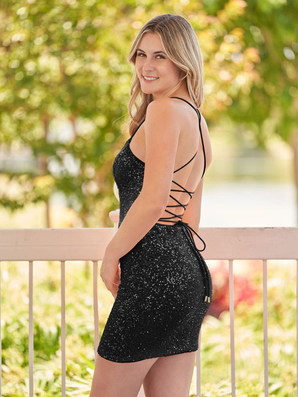 Bodycon Short Orange Scoop Neck Sequins Mini Party Dresses - KissProm