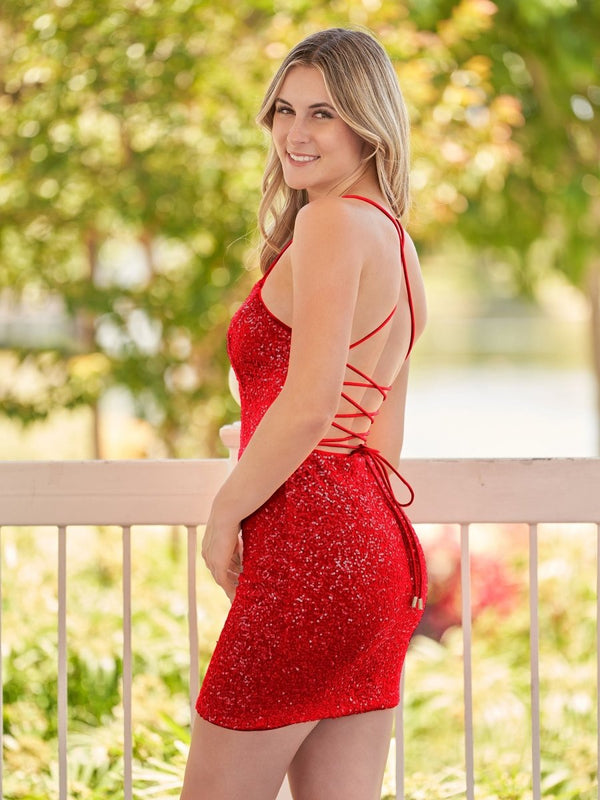 Bodycon Short Orange Scoop Neck Sequins Mini Party Dresses - KissProm