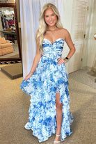 Esmelle | Blue - Strapless A Line Floral Chiffon Ruffled Formal Prom Dresses With Slit - KissProm