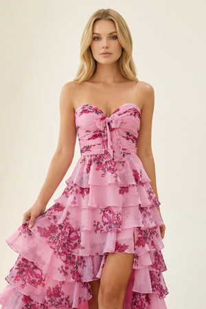 KissProm- Hot Pink A Line Sweetheart Floral Chiffon Ruffled Long Prom Dresses With Slit