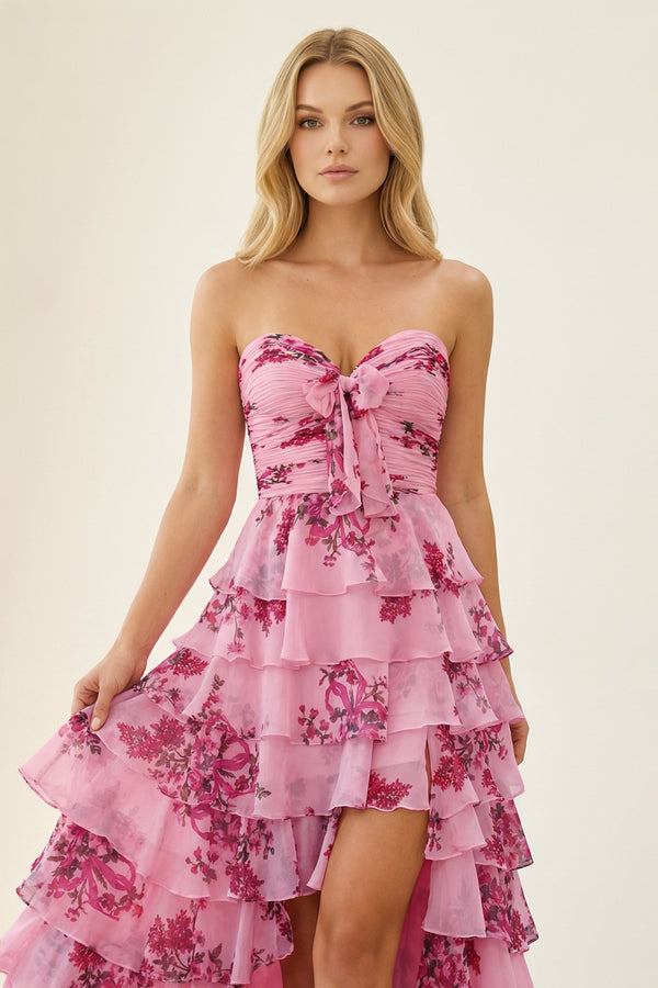 KissProm- Hot Pink A Line Sweetheart Floral Chiffon Ruffled Long Prom Dresses With Slit