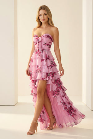 KissProm- Hot Pink A Line Sweetheart Floral Chiffon Ruffled Long Prom Dresses With Slit
