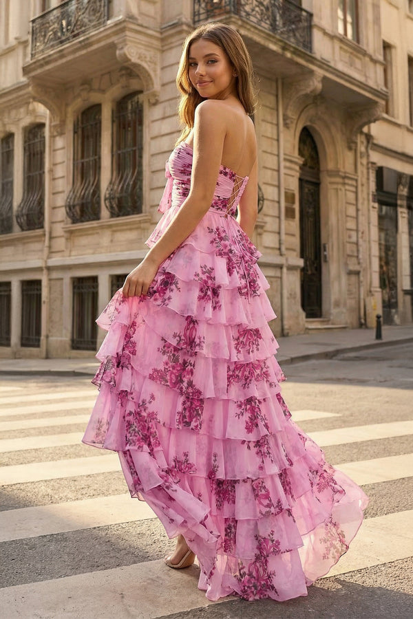 KissProm- Hot Pink A Line Sweetheart Floral Chiffon Ruffled Long Prom Dresses With Slit
