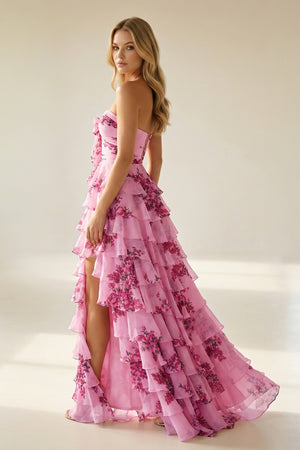KissProm- Hot Pink A Line Sweetheart Floral Chiffon Ruffled Long Prom Dresses With Slit