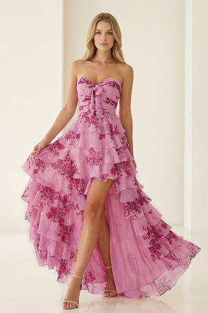 KissProm- Hot Pink A Line Sweetheart Floral Chiffon Ruffled Long Prom Dresses With Slit